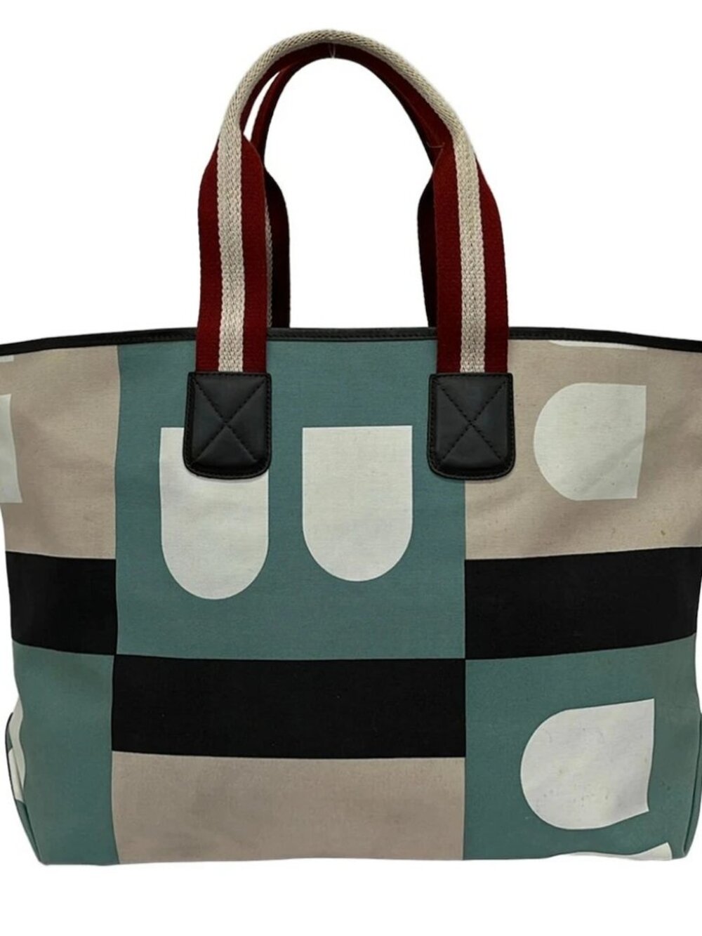 BALLY Busy B Light Green Beige Multi Canvas Leather Tote Bag